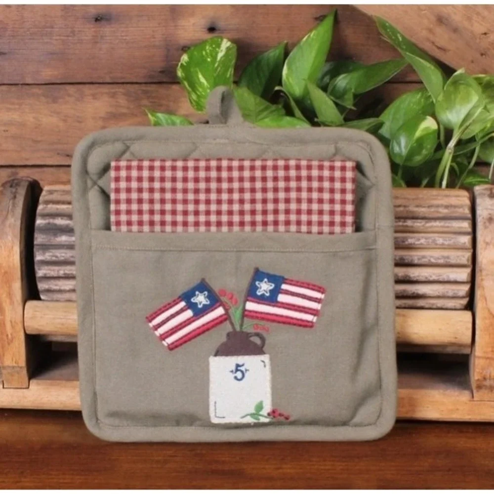 Primitive American Flag & Crock Pocket Potholder & Linen Towel‎ Set New